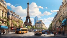 A Detailed Digital Illustration Of The Eiffel Tower Amidst A Bustling City, Featuring Intricate Architectural Elements And Vibrant Street Life. The Scene Should Convey The Energy And Dynamism Of Paris