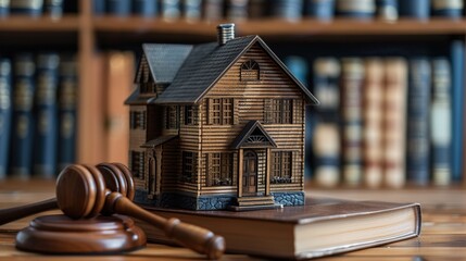 Legal background of courts related to real estate or home auctions. Model houses, batons, and law books.