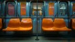 Early morning calm in a subway wagon, orange seats untouched and waiting