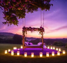 Purple Sunset Room With Giant Flower Swing, Illustration AI Generative.
