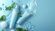 An advertisement banner for shaving foam men's cosmetics with water splashes and droplets on blue background. Body care cosmetics close and open tubes. A realistic 3D modern advertisement poster.