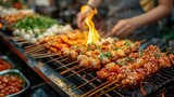 Fototapeta  - A close-up of a diverse group of friends savoring traditional Laotian street food at a bustling night market, with space for flavorful text descriptions.