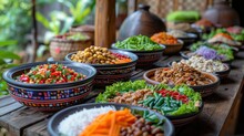 A Close-up Of A Diverse Group Of Travelers Enjoying A Traditional Laotian Meal Together, Showcasing The Delicious Cuisine And Cultural Exchange, With Room For Text.