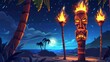 The modern design of a Hawaiian beach cafe with a cartoon illustration of a polynesian totem and palm trees at night includes a wooden tribal mask with burning torches on a bamboo stick, and the logo