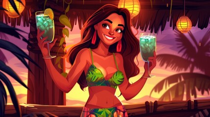 Wall Mural - Landing page for a cocktail party cartoon. Smiling woman holding coconut drinks on wooden background, tropical hawaiian resort, beach bar recreation promo, modern banner.