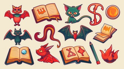 Sticker - Stickers cartoon notebooks, notes, bookmarks and pencils. Cute school stationery figurines like diaries, witch spellbooks, devils, cats, and paper corners. Modern patches collection with cut-out