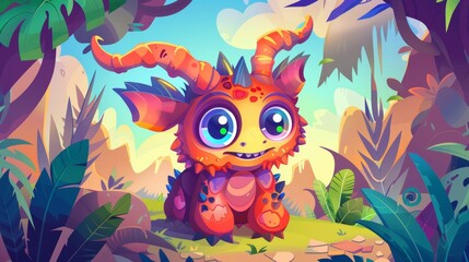 Poster - Baby monster cartoon character, funny alien at fantasy planet or fairy tale landscape. Spooky little cartoon character with toothy muzzle, horns and big eyes, Modern illustration.