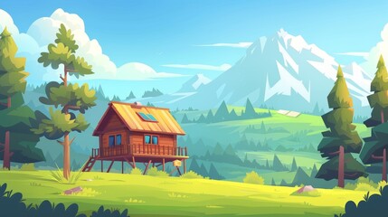 Wall Mural - An illustration of a cottage on a green field in the mountains. A wooden house on stilts on a summer meadow with trees under the blue sky with clouds on a sunny day. The home has a terrace on piles,