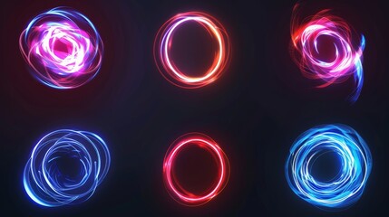 Wall Mural - Round neon flares on black background. Modern art of circular swirls glowing in darkness, halo effect, energy vortex, LED illumination, disco illumination.