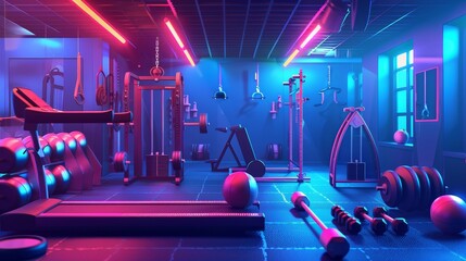 Modern gym interior sporting treadmills, multifunctional pull up towers, ellipticals, dumbbells, and sports training equipment.