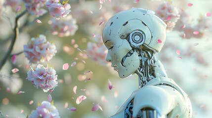 Wall Mural - robot under cherry tree, technology concept