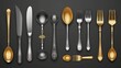 Big realistic cutlery kit. Modern illustration of silver and golden spoons with forks and knives for different types of food. Top view of dining tools.