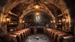 A cozy wine cellar brimming with oak barrels and vintage wine bottles, softly lit by hanging antique lamps, evoking a rustic European charm