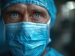 A man in blue surgical mask and scrub cap looking at the camera. AI.