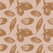 Vector almond pattern seamless with hand-drawn illustrations of almond nuts for web banner, oil packaging or marzipan paste label design. Floral sketches background, almond ornament. Natural product.