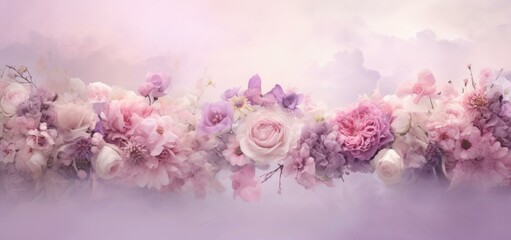 Poster - A long row of pink and white flowers on a cloudy day. AI.