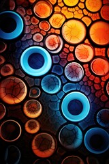 Wall Mural - a close up of a colorful pattern on the wall with blue and yellow circles. ai.