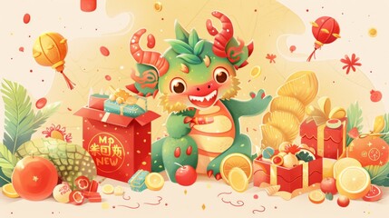 Wall Mural - Illustration of little dragons surrounded by fruits, red envelopes, coins, sycee, gift, candy box on beige background. Text: Happy New Year.