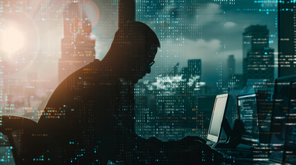 programmer writing code, double exposure, technology concept