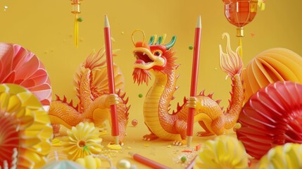 Wall Mural - A yellow background with dragons and Chinese fortune sticks is decorated with festive decorations. Text reads: Happy new year. Draw a fortune stick.