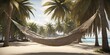 A hammock swaying between two palm trees. relaxation holiday vacation