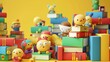 Cute characters surrounded by books in various sizes on yellow background.