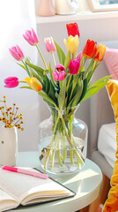 Wall Mural - A glass vase with colorful tulips on the bedside table.