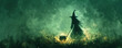 a witch flying on a broomstick with a cauldron and a book of spells in the background. copyspace for text.