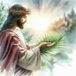Palm Sunday Reverence: Watercolor Illustration of Jesus Christ Embracing Christian Religious Concept