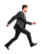 © Who is Danny - A businessman in a suit is captured mid-stride, isolated on a white background, depicting a concept of motion or progress