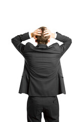 Wall Mural - Back view of a businessman in a suit with hands on his head against a white background, representing stress or frustration