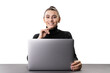 © Who is Danny - A smiling businesswoman at a table with a laptop, on a white background, representing a professional online work concept