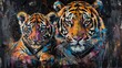 A colorful painting of a tigress and her cub.