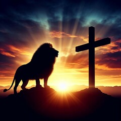 Wall Mural - lion Silhouetted Against the Sunset, Bearing the Cross of Christ