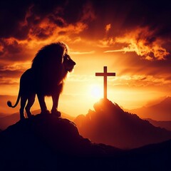Wall Mural - lion Silhouetted Against the Sunset, Bearing the Cross of Christ