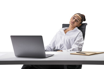 Wall Mural - Woman resting in her office chair near laptop and notebook, isolated on white background, embodying overwork concept