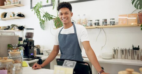 Wall Mural - Cafe, portrait of barista and apron with smile for coffee preparation, serving and management on counter for customers. Business owner, employee and service with expresso machine for beverages