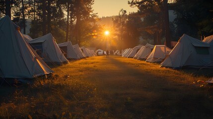 Wall Mural - Meadow outdoor with camping white tents against a background of trees green and sky blue.