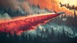 Firefighting aircraft swooping low, releasing a torrent of fire retardant over a blazing forest