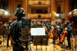 Conductor's view from behind a studio microphone at an orchestra rehearsal.