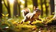 A playful squirrel caught mid-leap in a sun-drenched forest, surrounded by lush foliage and the soft glow of morning light.. AI Generation