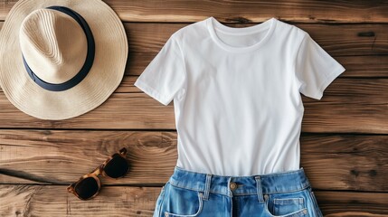 Women's white T-shirt mockup, jeans and a white shirt. Wood floor background