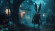 Sinister rabbit with glowing red eyes stalks a foggy alleyway, fairy tale gone dark