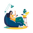Rest at home, coworking, concept illustration. Freelancer girl works in a smartphone at home, sitting on a pillow. People at home are self-employed. Active recreation, work. Vector flat style, lamp