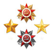 Order of the Patriotic War, 1st and 2nd degrees. Red, gold, silver stars. Medal Gold Star Hero, Hero of Socialist Labor, Hammer and Sickle USSR, inscription in English and Russian. Vector illustration