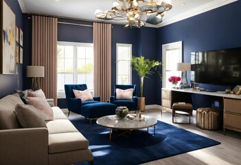 living room interior, design inspiration for a diva den, feminine, room with 2 windows on wall, Large TV opposite windows, modern, urban diva, gamer, black business woman, technology