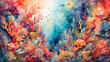 Painting of a coral reef ecosystem in vibrant watercolors.