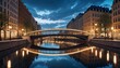 An urban nightscape capturing the serene reflections of a bridge and buildings on the water's surface at twilight. AI Generation