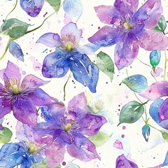 Wall Mural - Mini watercolor clematis, seamless, vibrant light splashes . Seamless Pattern, Fabric Pattern,  Tumbler Wrap, Mug Wrap.