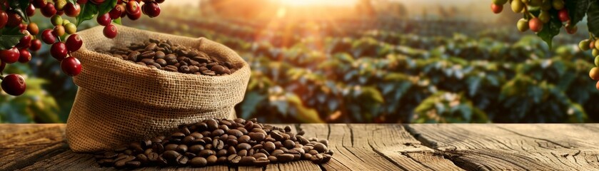 Coffee Beans in Burlap Sack with Plantation Background